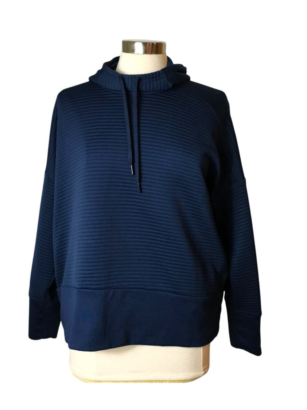 Nike Dri-Fit Womens L Textured Pullover Swoosh Hoodie Navy Blue Athleisure Loose